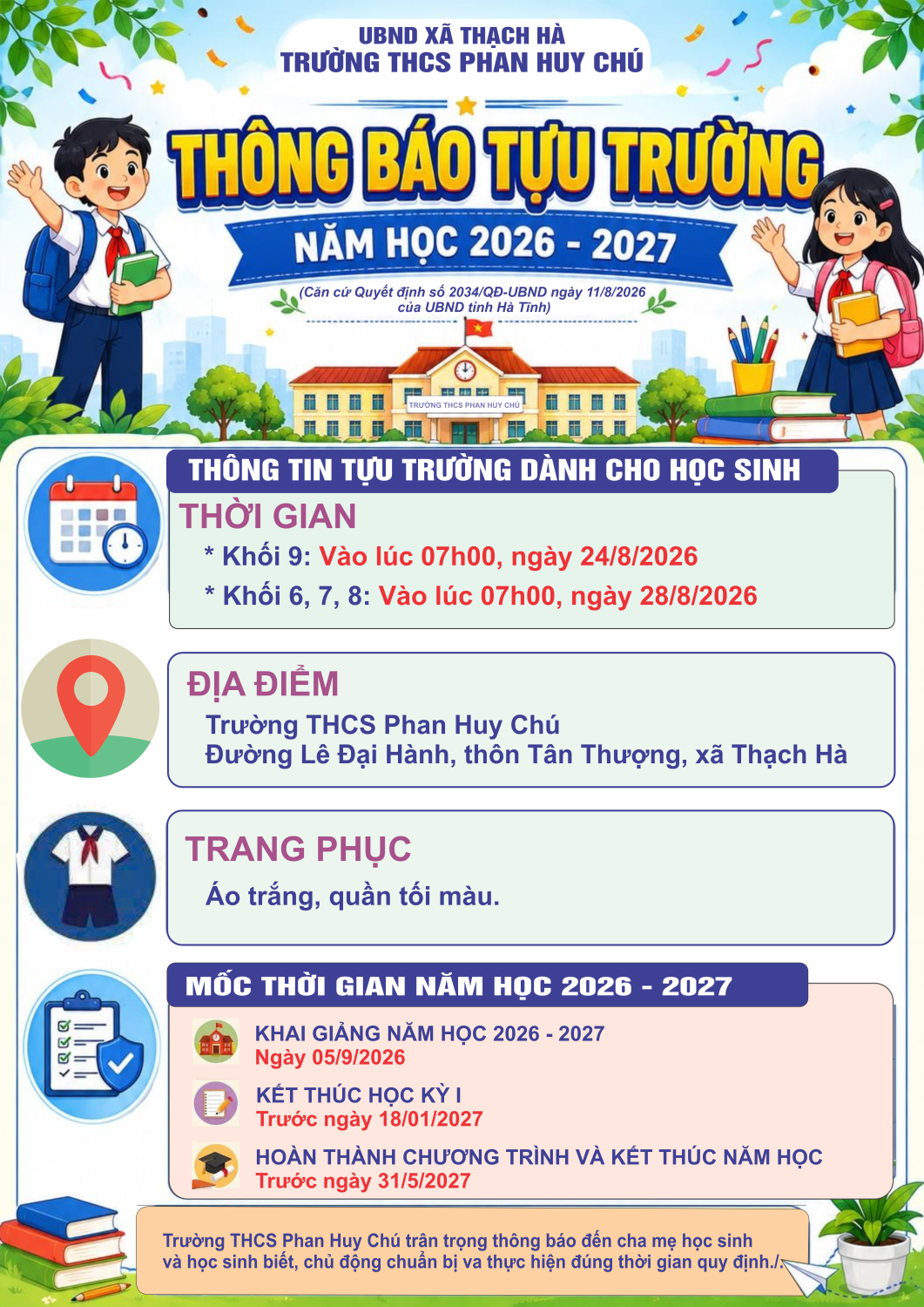 THÔNG BÁO TỰU TRƯỜNG NĂM HỌC 2026 - 2027